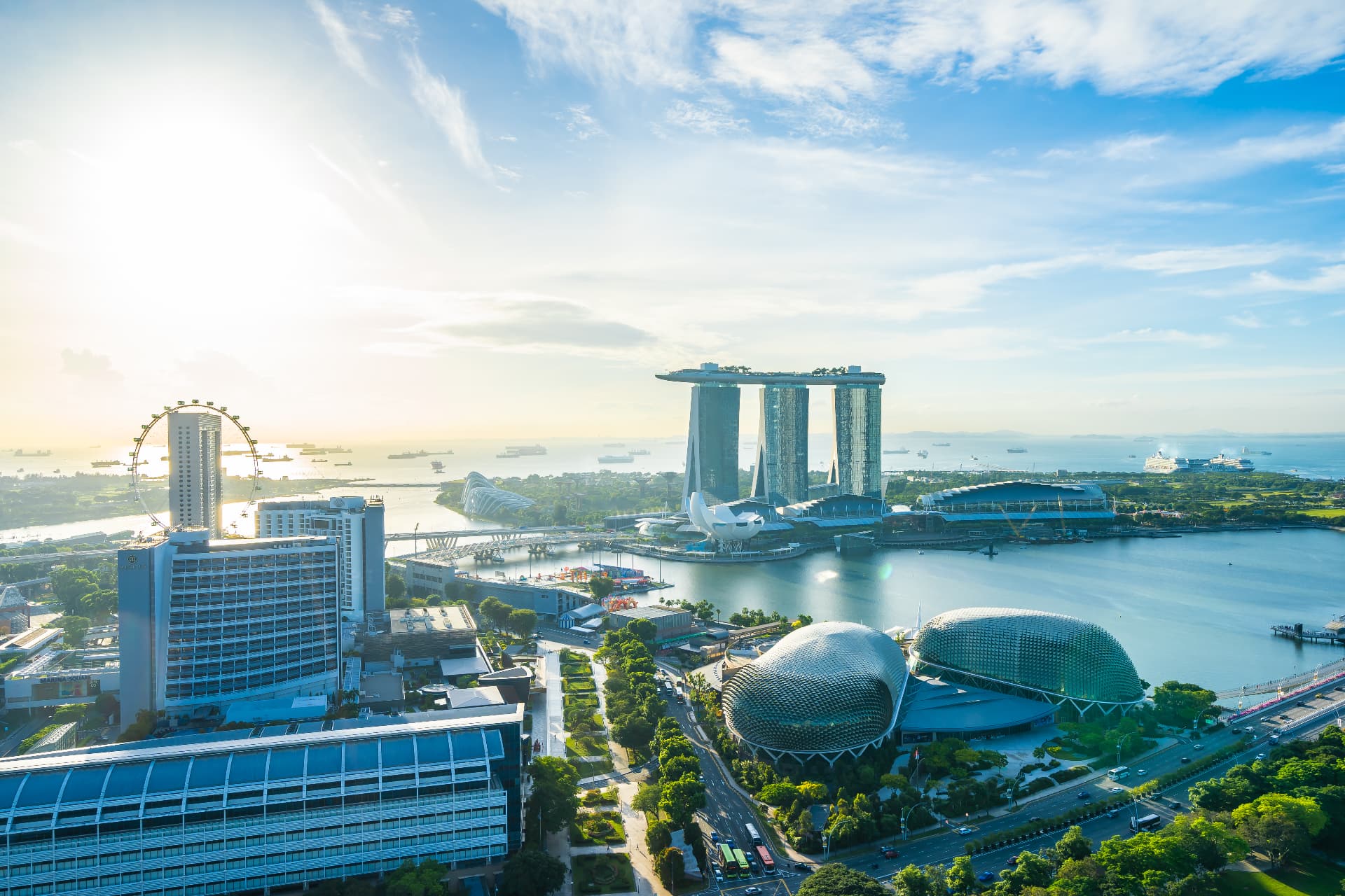Marina Bay and the Singapore skyline from above in daylight